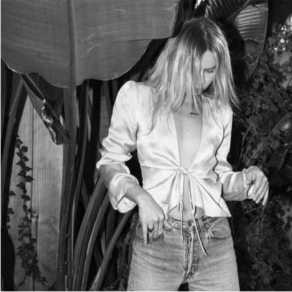 Silk Tie-Front Women's Bianca Top in Cream - Picture 5 of 9
